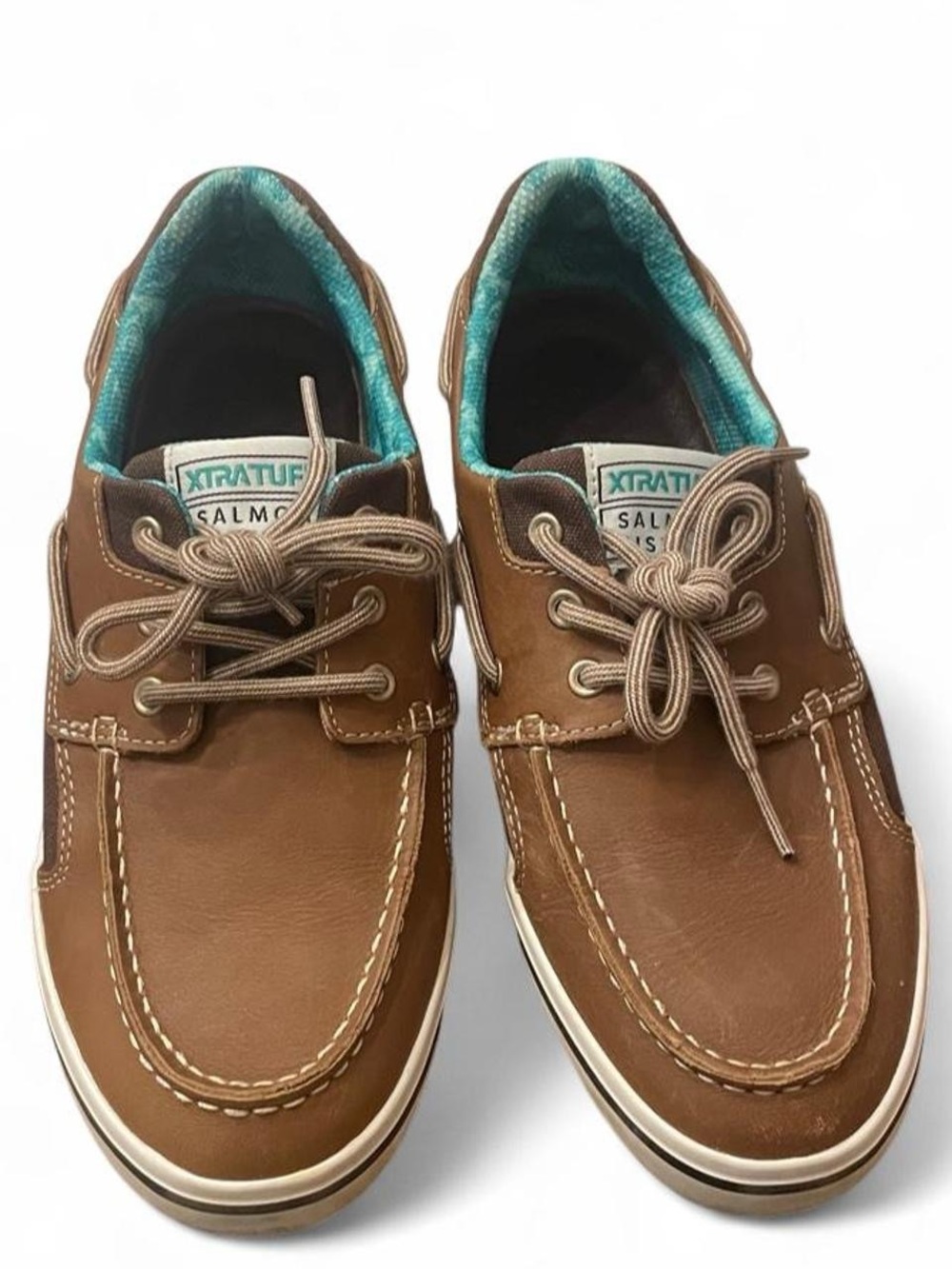 XtraTuf women’s Salmon Sisters Brown leather boat shoes with teal lining
